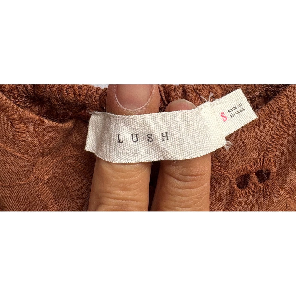 Lush Brown Eyelet Cotton Mini Dress Puff Sleeve Boho Babydoll DR97108E-I Small - Picture 7 of 10